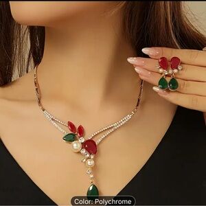 Elegant Red and Green Gemstone Necklace and Earring Set